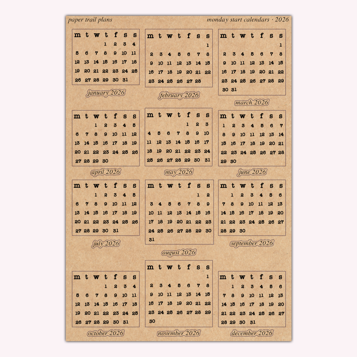 Monday Start Calendars - 2026 - Kraft Paper