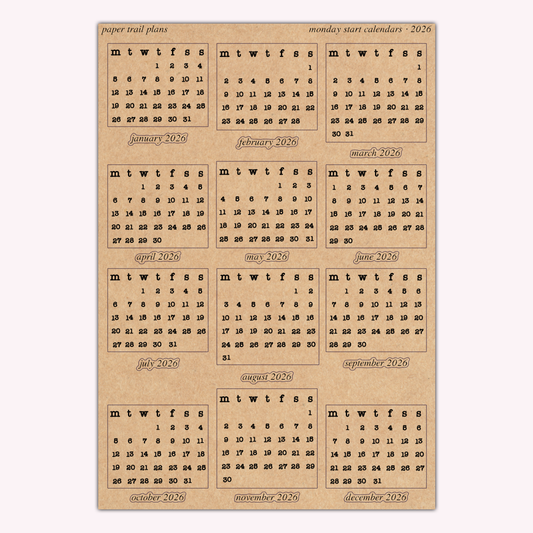 Monday Start Calendars - 2026 - Kraft Paper