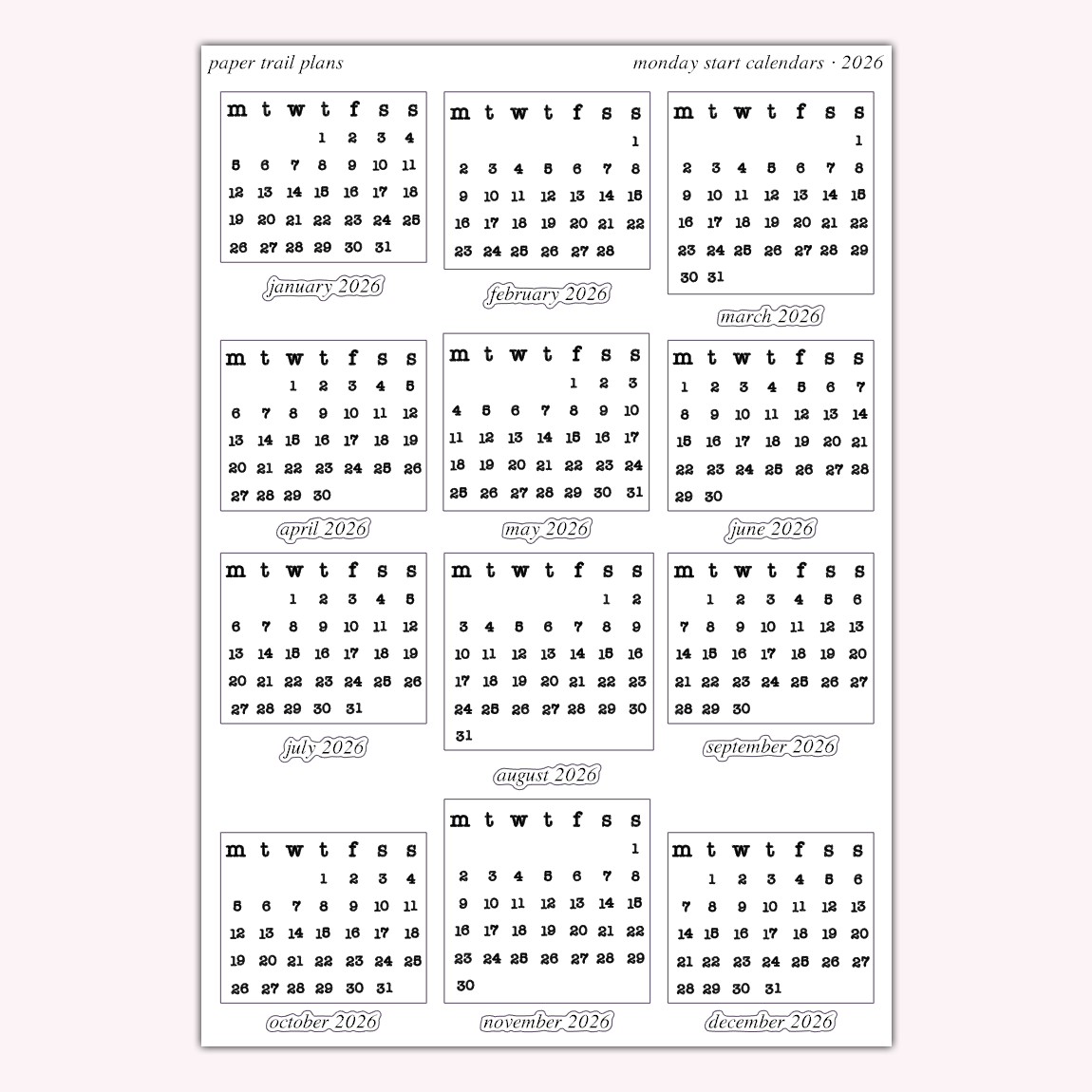 Monday Start Calendars - 2026
