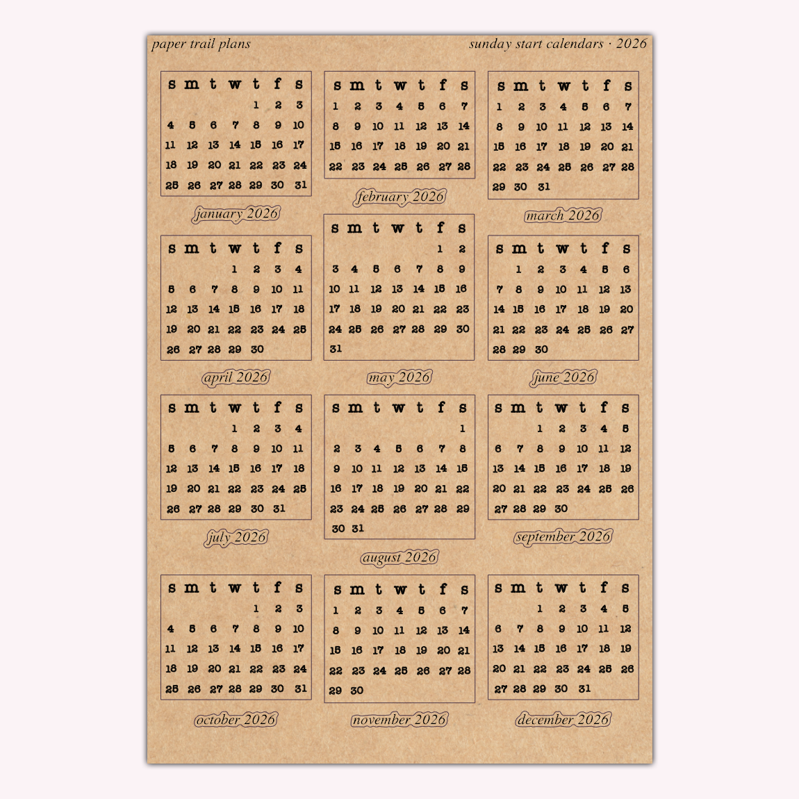 Sunday Start Calendars - 2026 - Kraft Paper