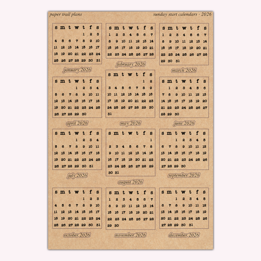 Sunday Start Calendars - 2026 - Kraft Paper