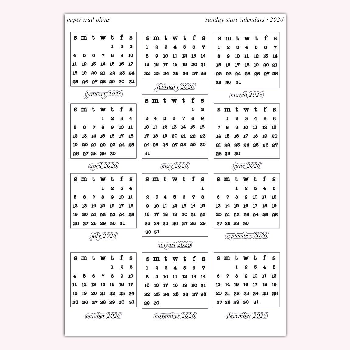 Sunday Start Calendars - 2026