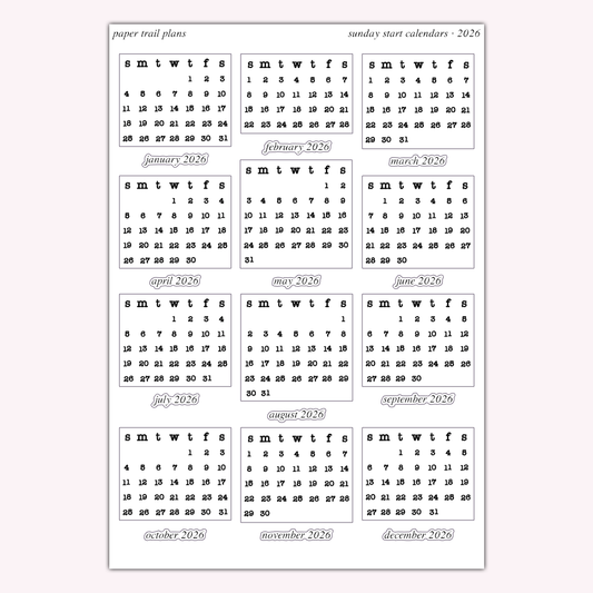 Sunday Start Calendars - 2026