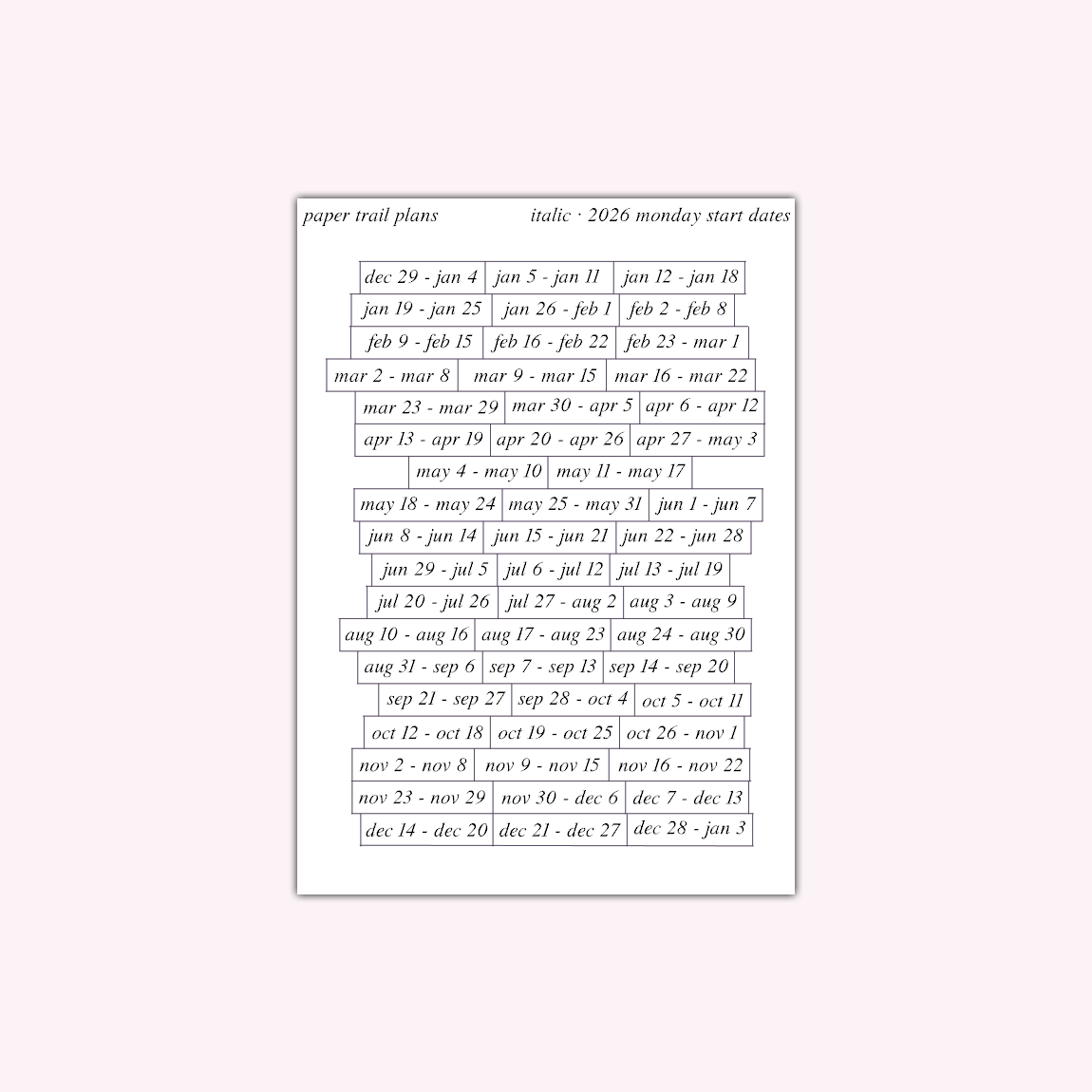 2026 Dates - Italic