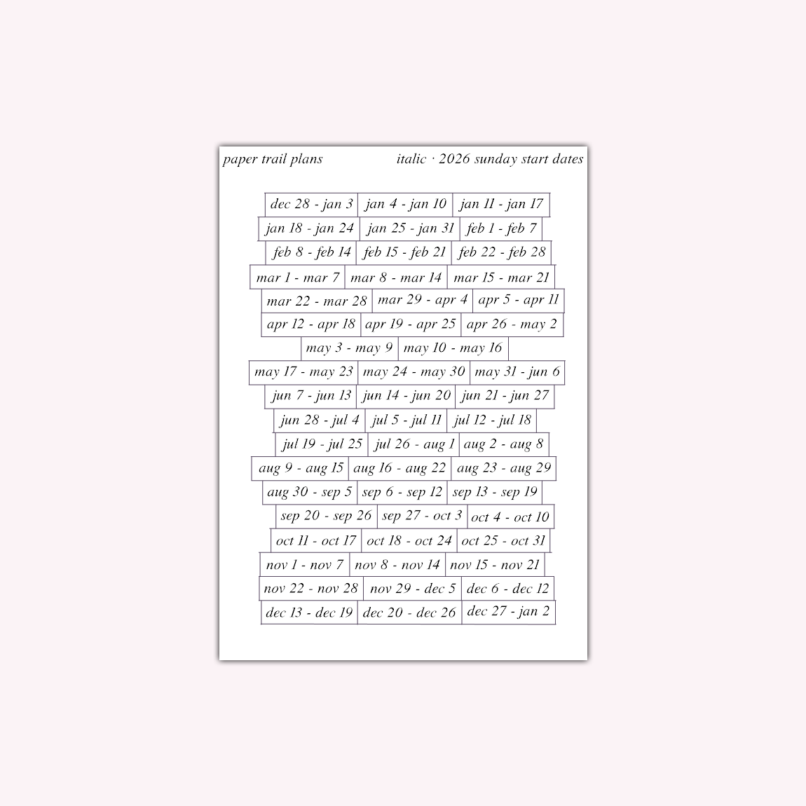 2026 Dates - Italic