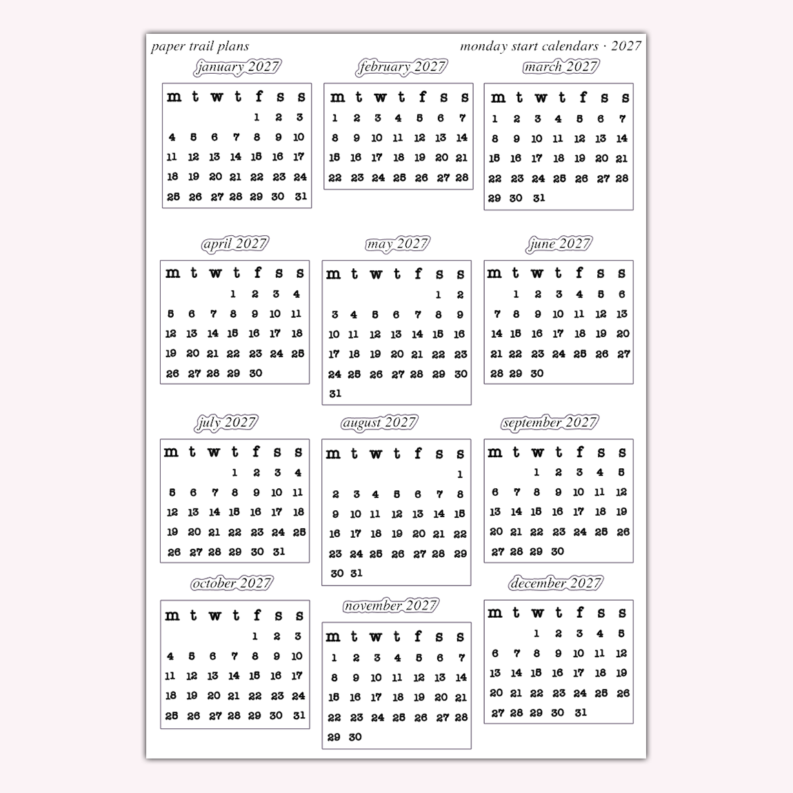 Monday Start Calendars - 2027