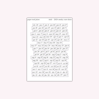 2026 Dates - Italic