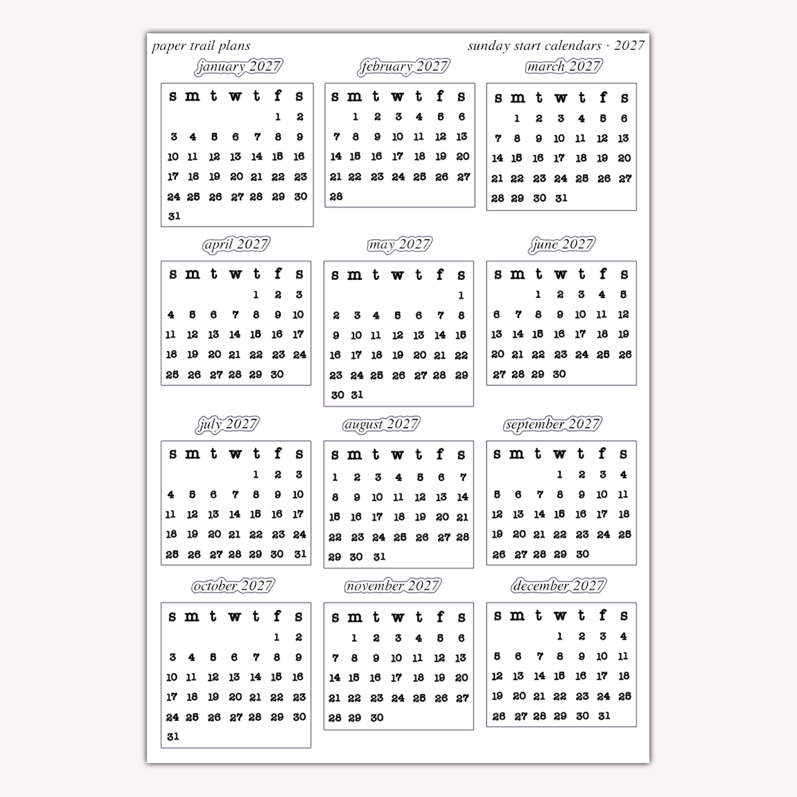 Sunday Start Calendars - 2027